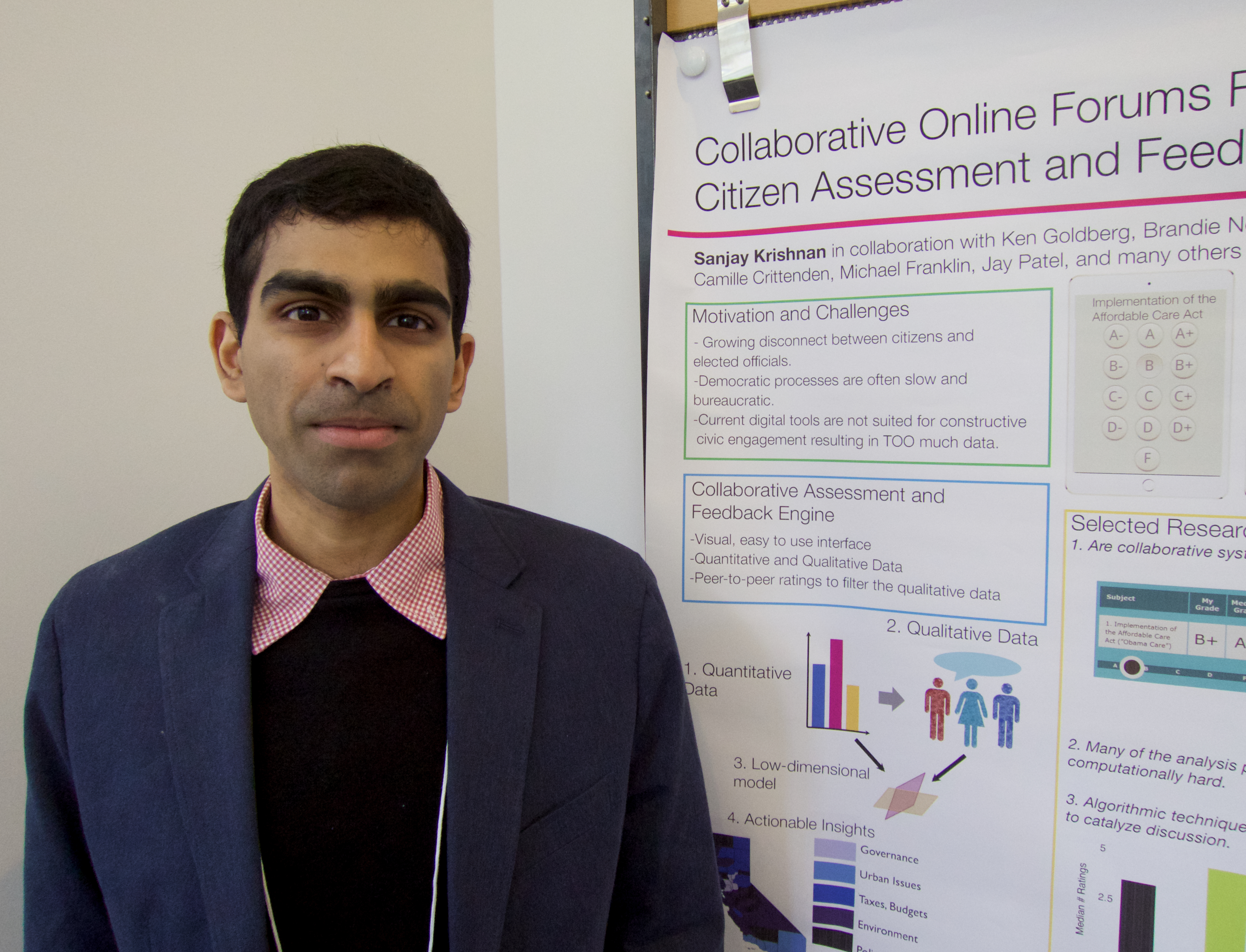 Sage Scholar Sanjay Krishnan, from the University of California at Berkeley, is shown with his poster at the Paris Sage Assembly, April 16, 2015.