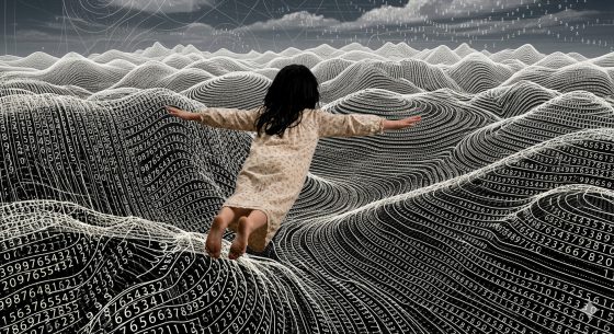 Mathematical landscape with girl flying over it