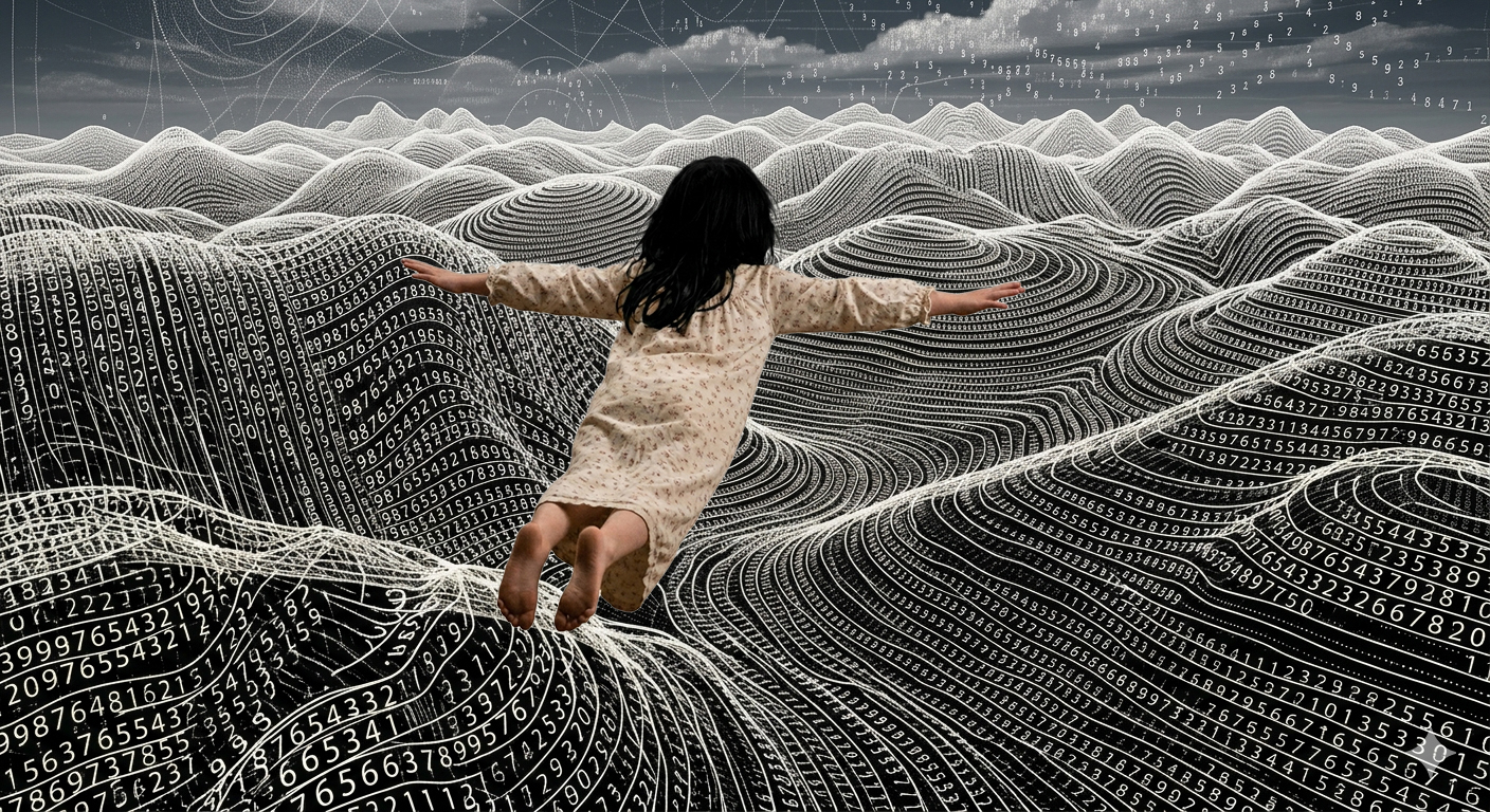 Mathematical landscape with girl flying over it